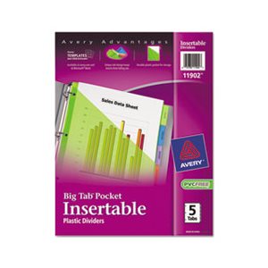 DIVIDERS, Insertable, Big Tab, Plastic, w /  Single Pockets, MULTI-COLOR, 5-Tab, 11.125" x 9.25"