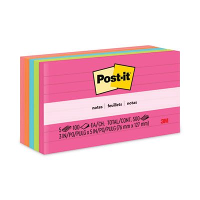 POST-IT NOTES, Pads, Cape Town Colors, 3" x 5", Lined, 100-Sheet, 5 / Pack