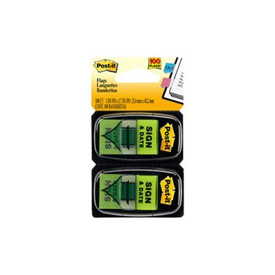 POST-IT NOTES, PAGE FLAG MARKERS, Arrow Message, 1" "Sign and Date", Green, 50-Flag Dispensers, 2 / PACK